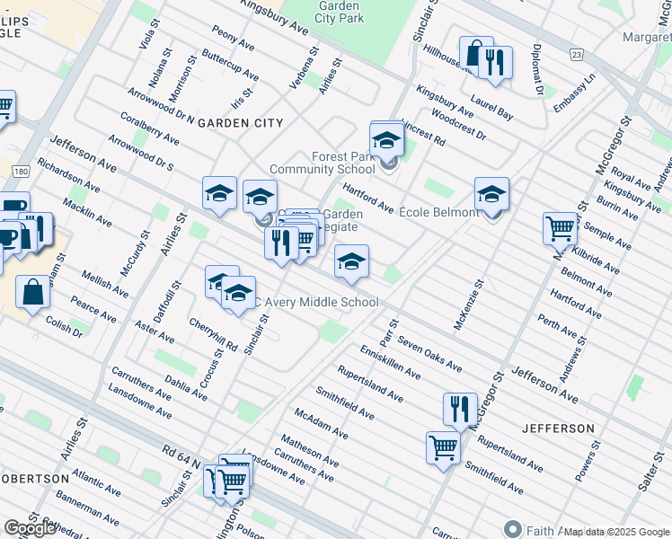 map of restaurants, bars, coffee shops, grocery stores, and more near 611 Jefferson Avenue in Winnipeg