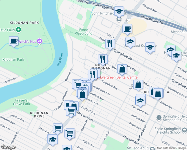 map of restaurants, bars, coffee shops, grocery stores, and more near 1240 Route 42 in Winnipeg