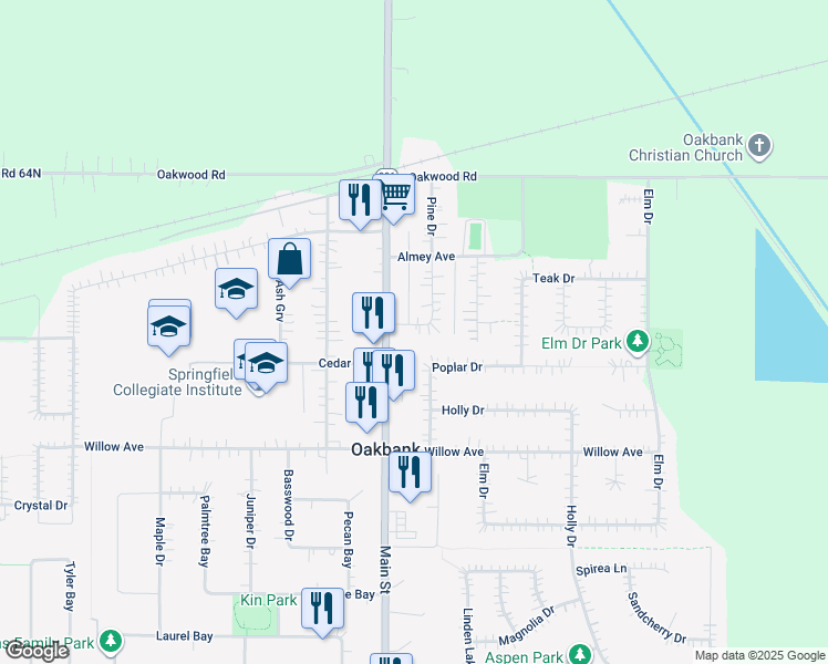 map of restaurants, bars, coffee shops, grocery stores, and more near 585 Pine Drive in Oakbank
