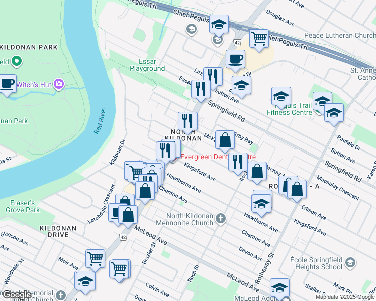 map of restaurants, bars, coffee shops, grocery stores, and more near 216 Edison Avenue in Winnipeg