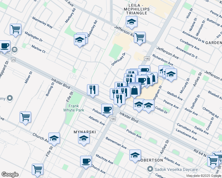 map of restaurants, bars, coffee shops, grocery stores, and more near 42 Bender Bay in Winnipeg