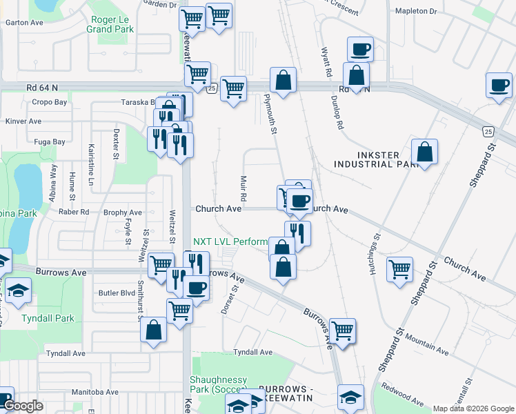 map of restaurants, bars, coffee shops, grocery stores, and more near 1674-1676 Church Ave in Winnipeg