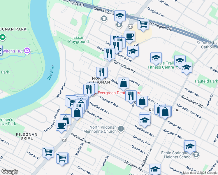 map of restaurants, bars, coffee shops, grocery stores, and more near 225 Edison Avenue in Winnipeg