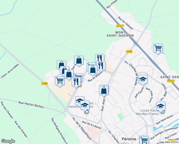 map of restaurants, bars, coffee shops, grocery stores, and more near 23 Avenue de l'Europe in Péronne