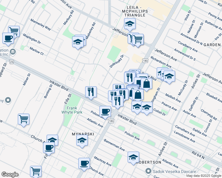 map of restaurants, bars, coffee shops, grocery stores, and more near 34 Bender Bay in Winnipeg