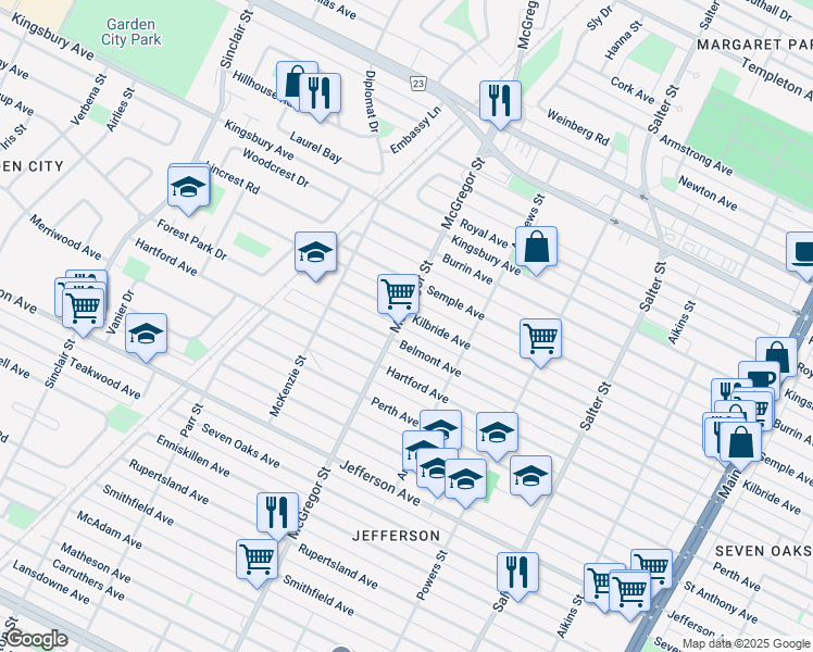 map of restaurants, bars, coffee shops, grocery stores, and more near in Winnipeg
