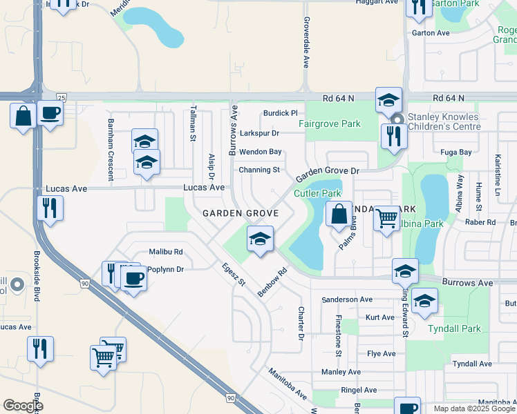 map of restaurants, bars, coffee shops, grocery stores, and more near 10 Clovermead Road in Winnipeg