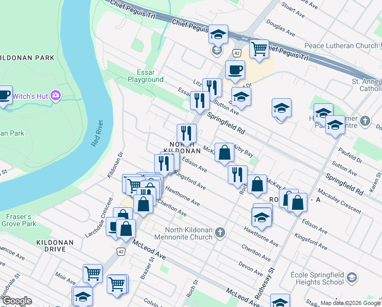 map of restaurants, bars, coffee shops, grocery stores, and more near 215 Edison Avenue in Winnipeg