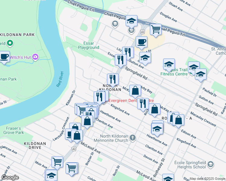 map of restaurants, bars, coffee shops, grocery stores, and more near 216 Edison Avenue in Winnipeg