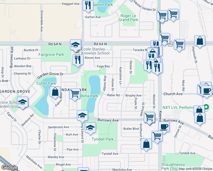 map of restaurants, bars, coffee shops, grocery stores, and more near 135 Albina Way in Winnipeg