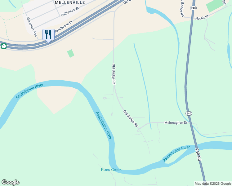 map of restaurants, bars, coffee shops, grocery stores, and more near Old Bridge Road in Portage la Prairie