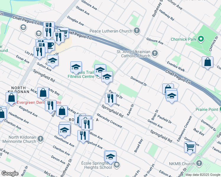 map of restaurants, bars, coffee shops, grocery stores, and more near 1425 Rothesay Street in Winnipeg