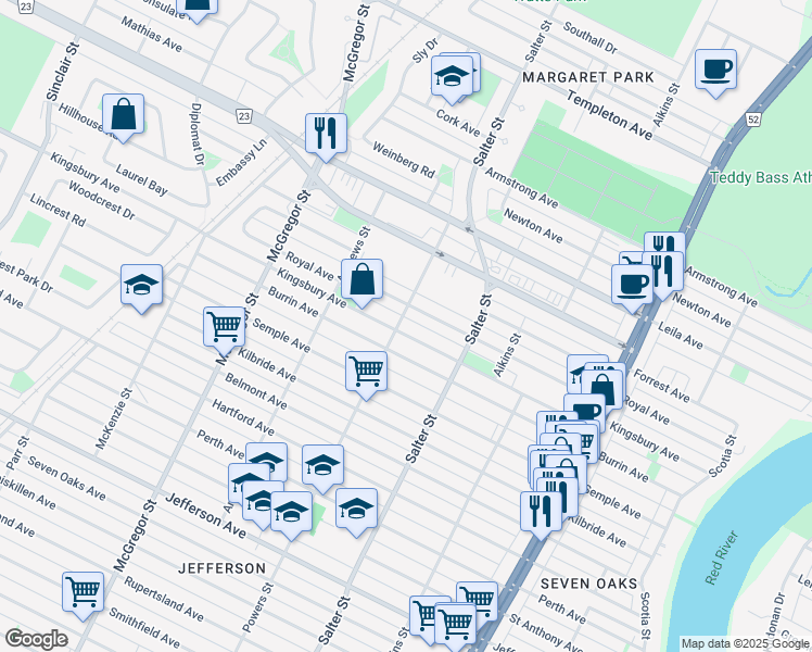 map of restaurants, bars, coffee shops, grocery stores, and more near 1011 Powers Street in Winnipeg