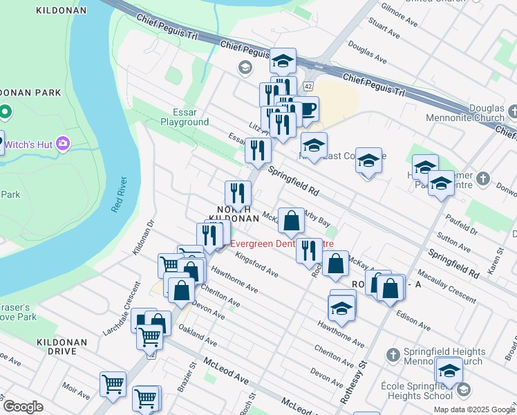 map of restaurants, bars, coffee shops, grocery stores, and more near 217 McKay Avenue in Winnipeg