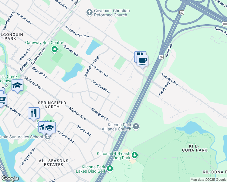 map of restaurants, bars, coffee shops, grocery stores, and more near 23 John Huyda Drive in Winnipeg