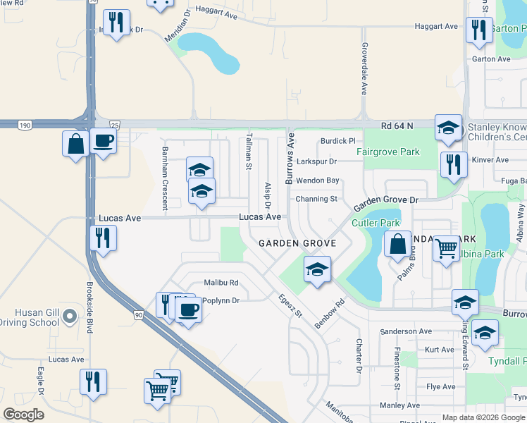 map of restaurants, bars, coffee shops, grocery stores, and more near 6 Alsip Drive in Winnipeg