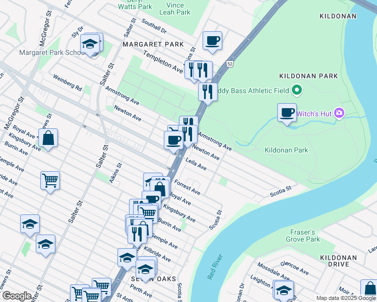 map of restaurants, bars, coffee shops, grocery stores, and more near 1965 Main Street in Winnipeg