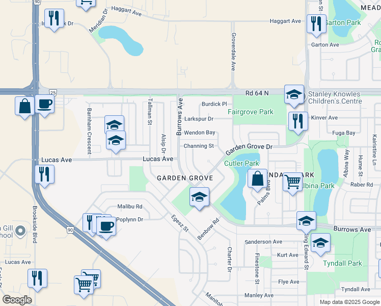 map of restaurants, bars, coffee shops, grocery stores, and more near 50 Clovermead Road in Winnipeg