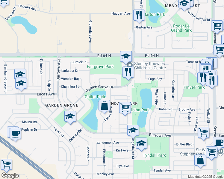 map of restaurants, bars, coffee shops, grocery stores, and more near 56 Garden Grove Drive in Winnipeg
