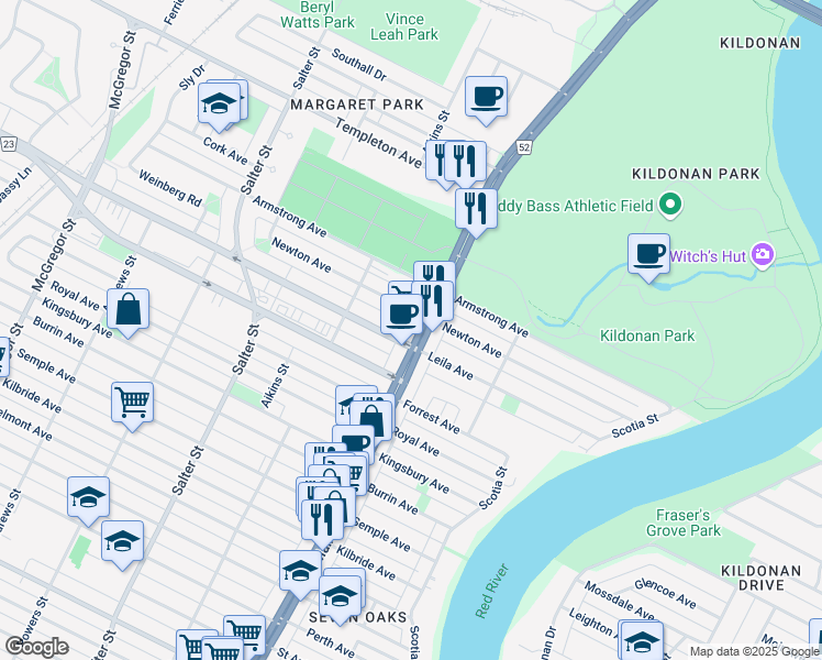 map of restaurants, bars, coffee shops, grocery stores, and more near 1965 Main Street in Winnipeg