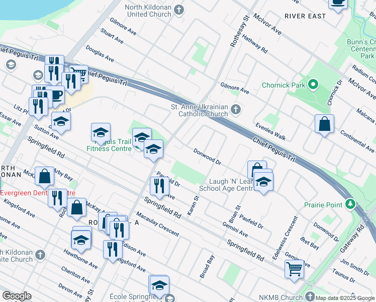map of restaurants, bars, coffee shops, grocery stores, and more near 264 Donwood Drive in Winnipeg
