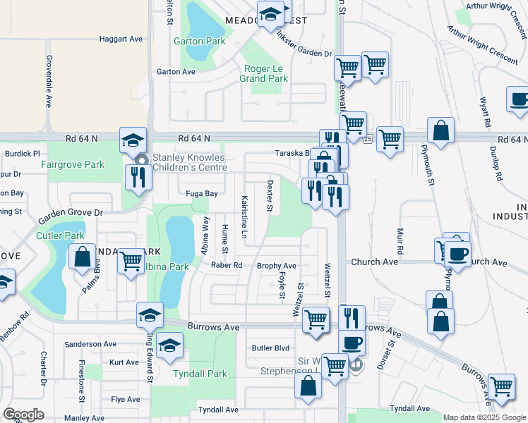 map of restaurants, bars, coffee shops, grocery stores, and more near 150 Dexter Street in Winnipeg