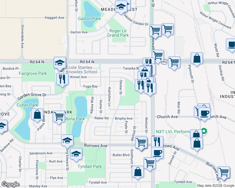 map of restaurants, bars, coffee shops, grocery stores, and more near 150 Dexter Street in Winnipeg