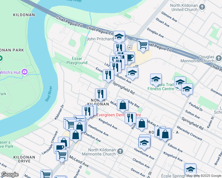 map of restaurants, bars, coffee shops, grocery stores, and more near 217 McKay Avenue in Winnipeg