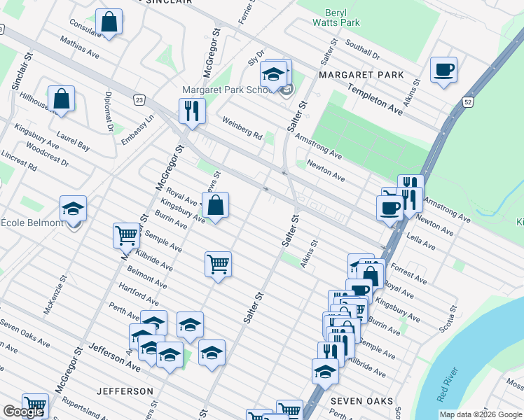 map of restaurants, bars, coffee shops, grocery stores, and more near 1035 Powers Street in Winnipeg