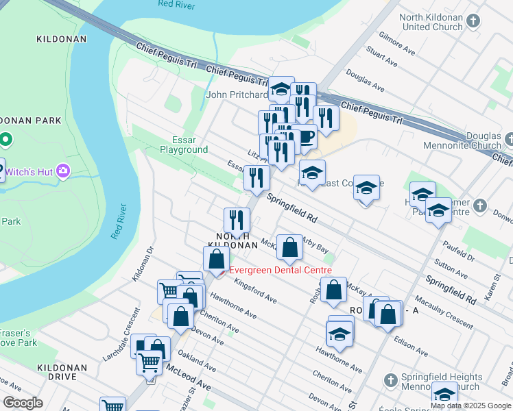map of restaurants, bars, coffee shops, grocery stores, and more near 1372 Route 42 in Winnipeg