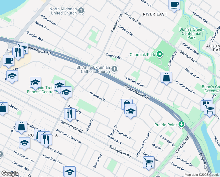 map of restaurants, bars, coffee shops, grocery stores, and more near 95 Roselawn Bay in Winnipeg