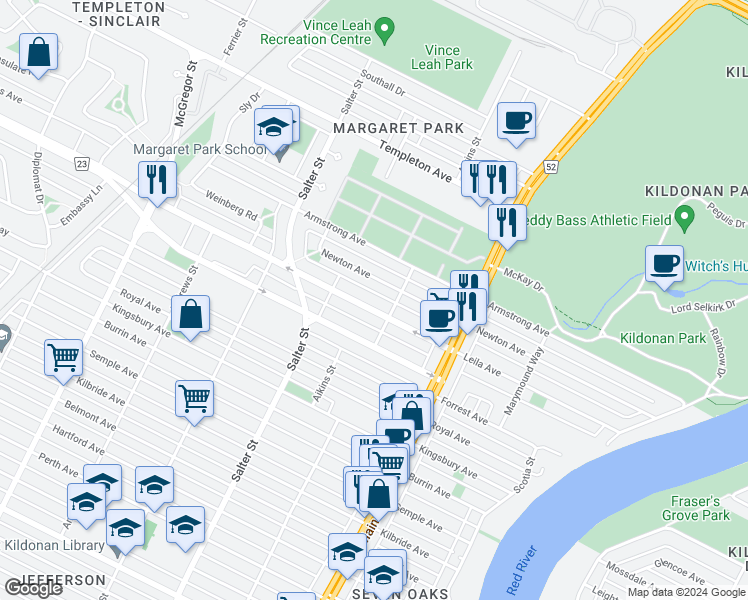 map of restaurants, bars, coffee shops, grocery stores, and more near 271 Leila Avenue in Winnipeg