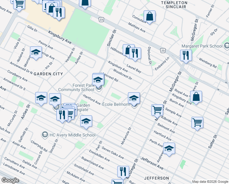 map of restaurants, bars, coffee shops, grocery stores, and more near 12 Forest Park Drive in Winnipeg
