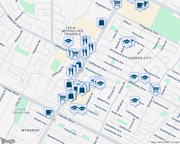 map of restaurants, bars, coffee shops, grocery stores, and more near 44 Richardson Avenue in Winnipeg