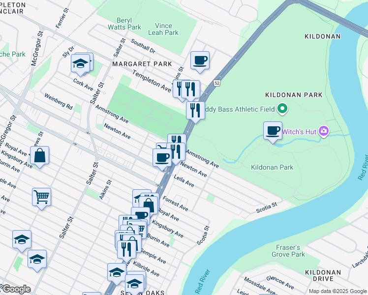 map of restaurants, bars, coffee shops, grocery stores, and more near 2015 Main Street in Winnipeg