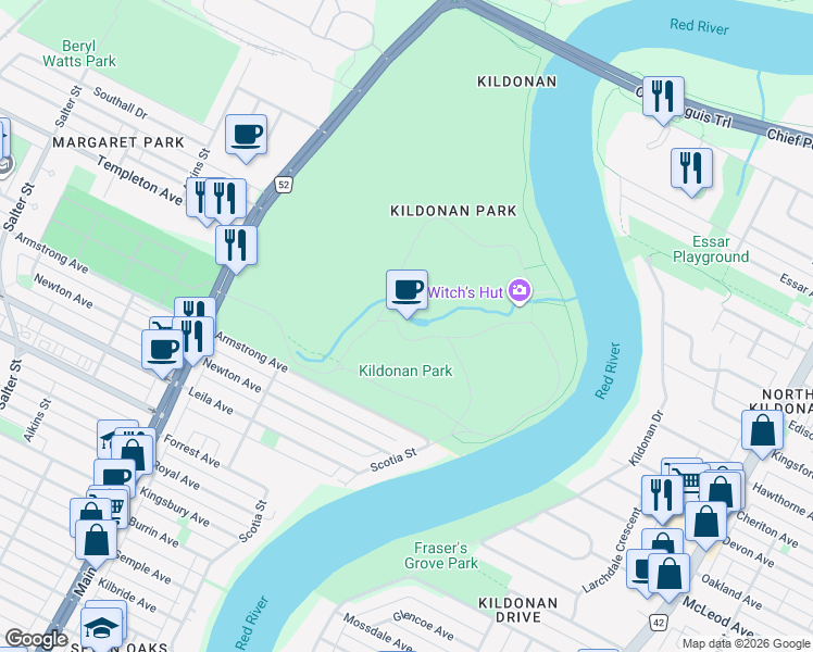 map of restaurants, bars, coffee shops, grocery stores, and more near 2015 Main Street in Winnipeg