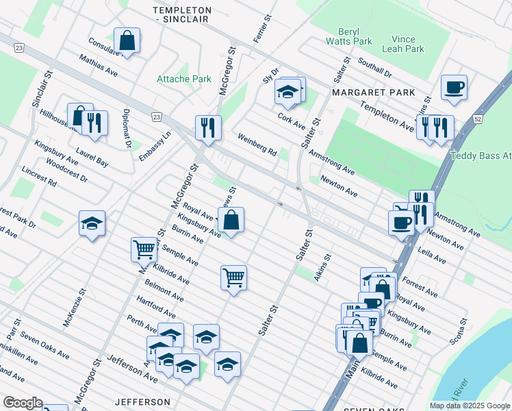 map of restaurants, bars, coffee shops, grocery stores, and more near 370 Partridge Avenue in Winnipeg