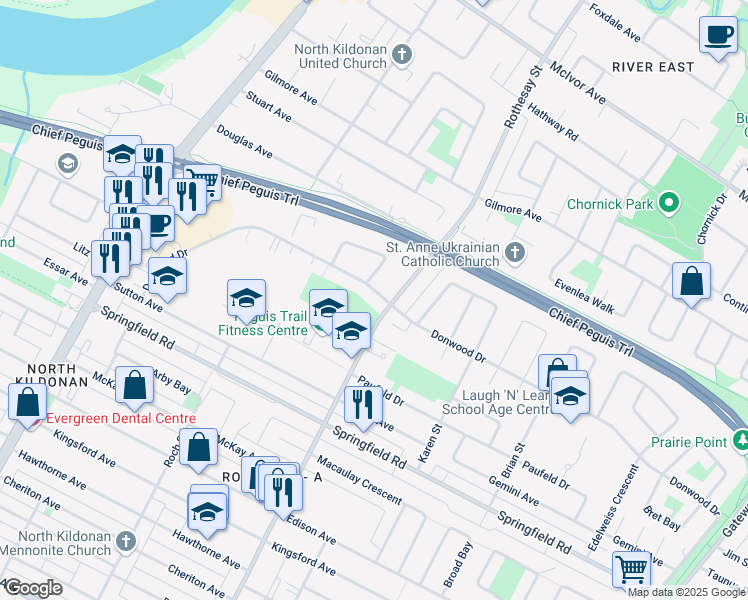 map of restaurants, bars, coffee shops, grocery stores, and more near 222 Donwood Drive in Winnipeg
