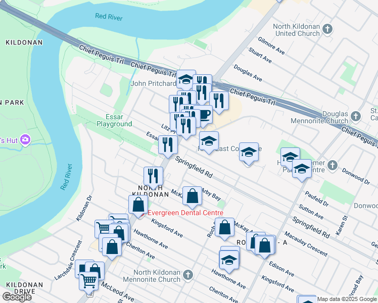 map of restaurants, bars, coffee shops, grocery stores, and more near 208 Sutton Avenue in Winnipeg