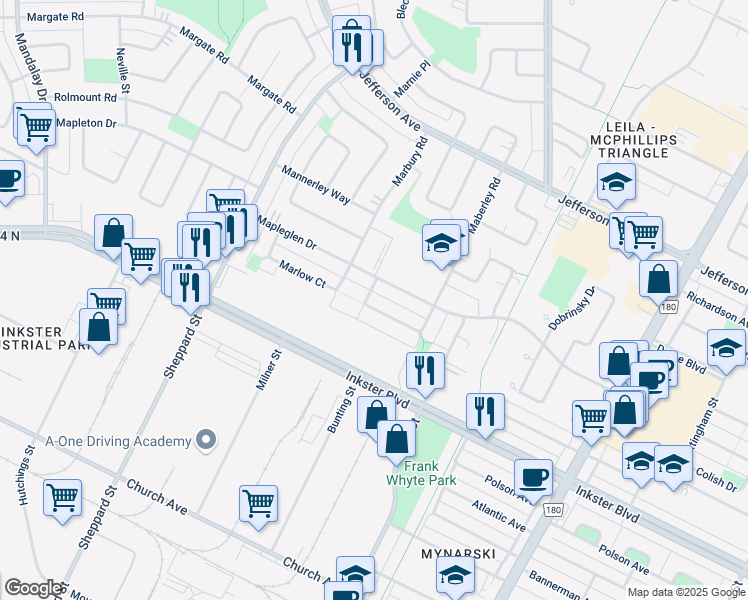 map of restaurants, bars, coffee shops, grocery stores, and more near 81 Manor House Court in Winnipeg