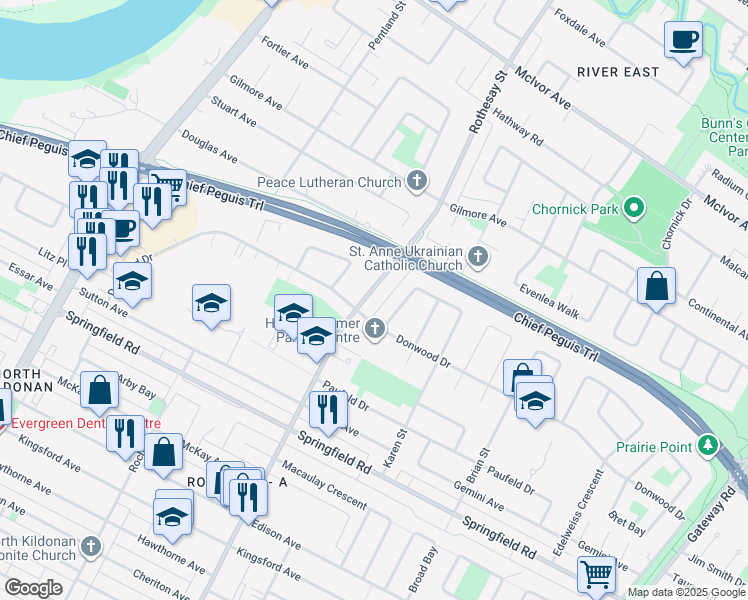 map of restaurants, bars, coffee shops, grocery stores, and more near 1477 Rothesay Street in Winnipeg