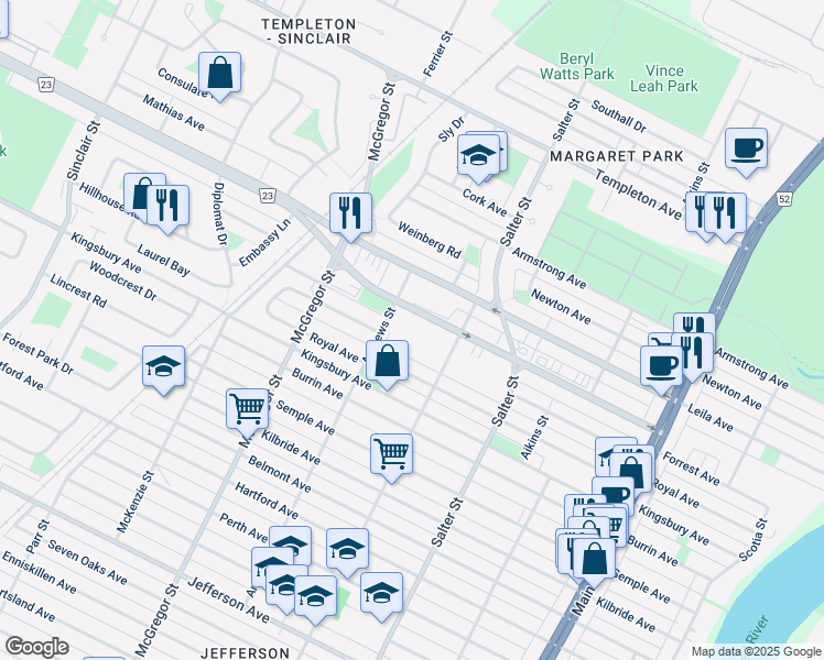 map of restaurants, bars, coffee shops, grocery stores, and more near 370 Partridge Avenue in Winnipeg