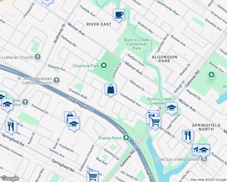 map of restaurants, bars, coffee shops, grocery stores, and more near 14 Chornick Drive in Winnipeg