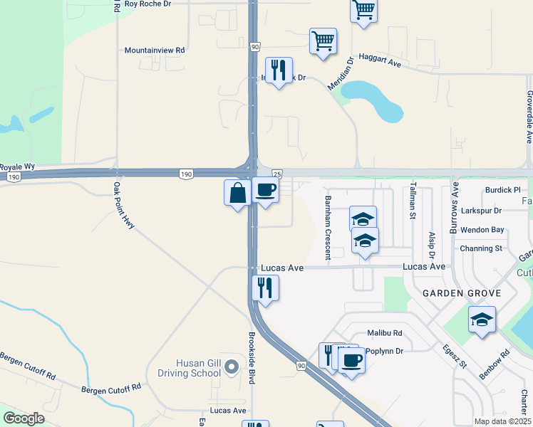map of restaurants, bars, coffee shops, grocery stores, and more near 1795 Brookside Boulevard in Winnipeg