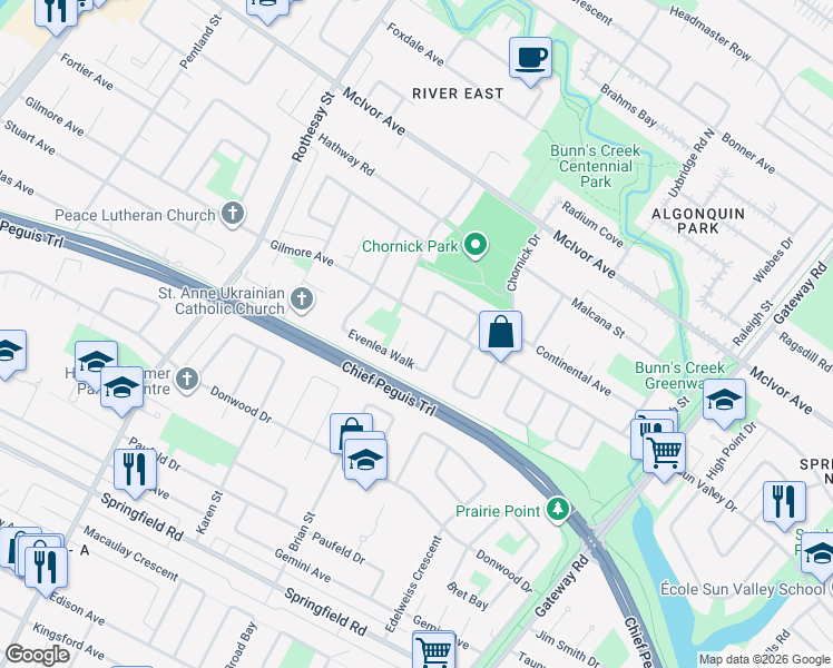 map of restaurants, bars, coffee shops, grocery stores, and more near 23 Solace Key in Winnipeg