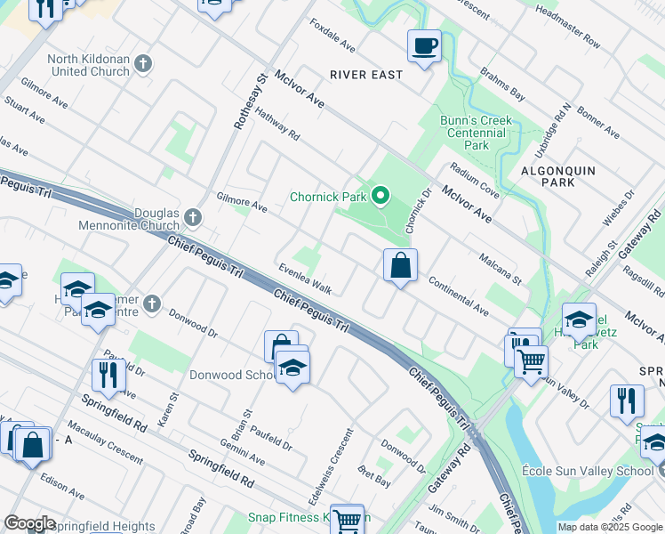 map of restaurants, bars, coffee shops, grocery stores, and more near 23 Solace Key in Winnipeg