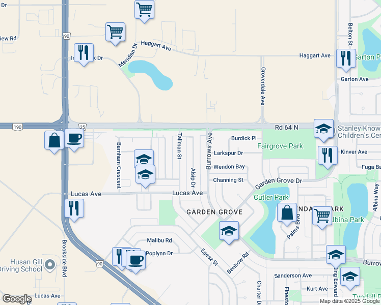 map of restaurants, bars, coffee shops, grocery stores, and more near 86 Alsip Drive in Winnipeg