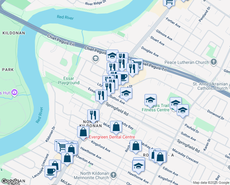 map of restaurants, bars, coffee shops, grocery stores, and more near 208 Sutton Avenue in Winnipeg