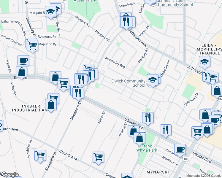 map of restaurants, bars, coffee shops, grocery stores, and more near Marlow Court in Winnipeg