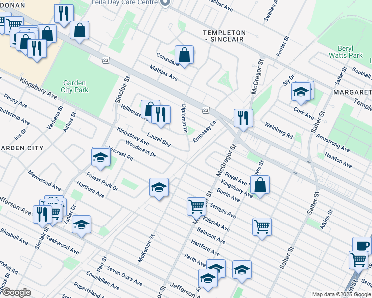 map of restaurants, bars, coffee shops, grocery stores, and more near 5 Laurel Bay in Winnipeg